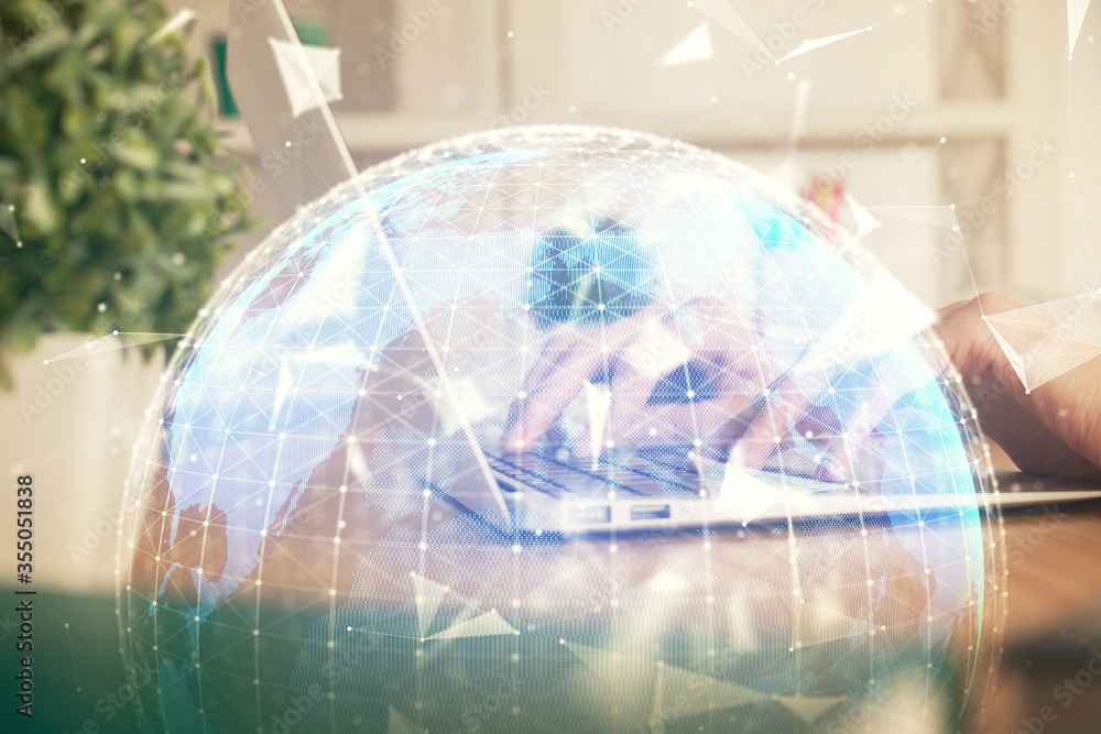 Double exposure of woman hands typing on computer and business theme hologram drawing. Success concept. Double exposure of woman hands typing on computer and business theme hologram drawing. Success concept.