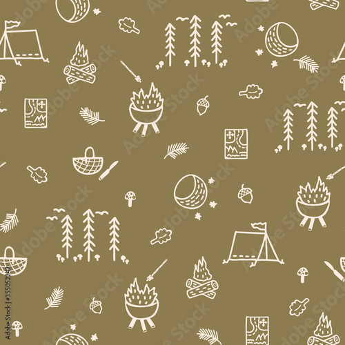  Seamless background tent gender neutral baby pattern. Simple whimsical minimal earthy 2 tone color. Kids nursery wallpaper or boho camping fashion all over print. 