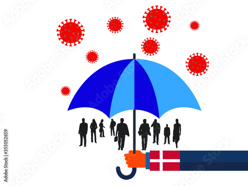 Business people vector flat illustration during Coronavirus Covid-19. Coronavirus infection control. Immune system protectio  support.  government protection with umbrella