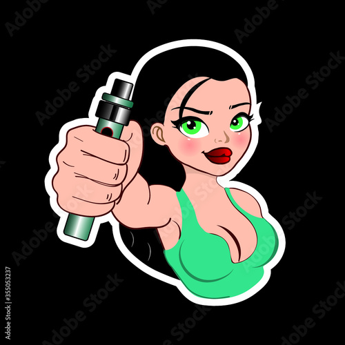 Vaping girl sticker. Girl with vape. EPS 10