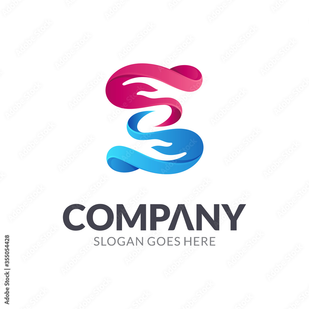 Letter S and hand logo with gradient red blue colors Letter S and hand logo with gradient red blue colors