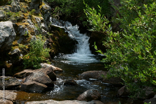 Water falls in the summer sunlight