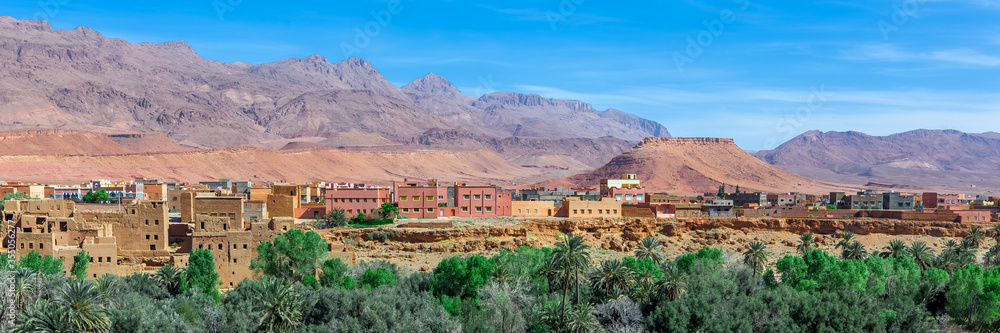 Ait Benhaddou Kasbah, Ait Ben Haddou, Ouarzazate, Morocco. Web banner in panoramic view.