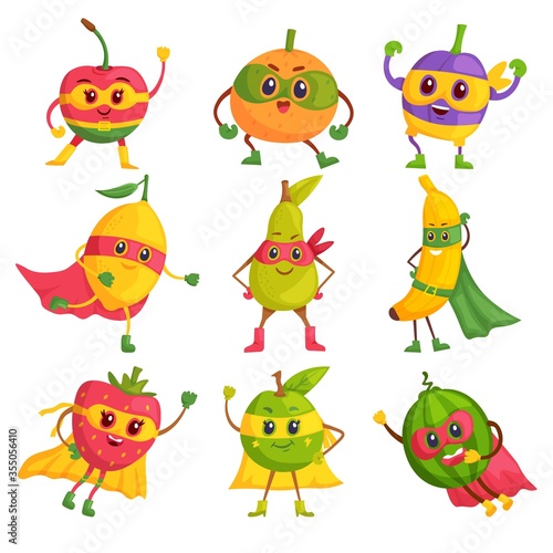 Super hero fruit. Comic cartoon characters in masks and capes vector set. Brave and funny super hero fruits. Vegan or vegetarian healthy food fun concept