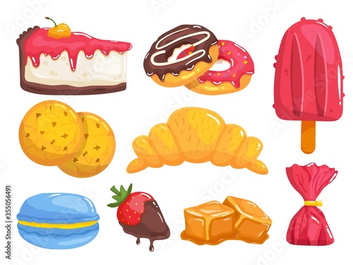 Sweets and pastry. Tasty breakfast food desserts set. Cake, donut, ice-cream, biscuits, croissant pastry, macaroon, strawberry in chocolate, caramel candies, sweet fresh snacks collection