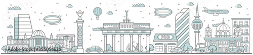 Berlin skyline. Line cityscape with famous building landmarks panorama. Skyline with street Brandenburg Gate, Berlin Cathedral city sights. Capital city constructions outline, architecture concept