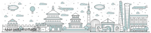 China skyline. Line cityscape with traditional building landmarks horizontal panorama. China skyline with street city sights and Great Wall of China. City constructions outline, architecture concept