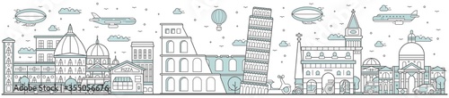 Italy skyline. Line cityscape with historic building landmarks horizontal panorama. Italy skyline with Colloseum of Rome, Tower of Pisa street city sights. City outline, vacation, architecture concept