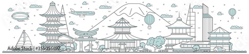 Japan skyline. Line cityscape with famous traditional building landmarks horizontal panorama. Japan skyline with street city sights and Mount Fuji. City constructions outline, architecture concept