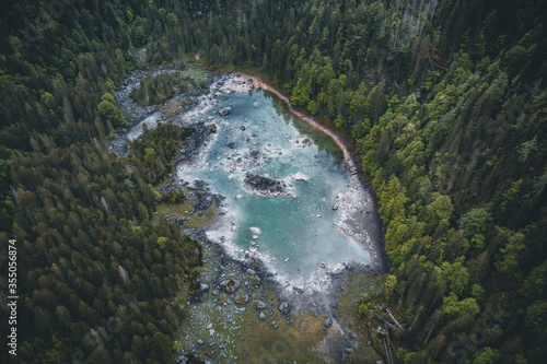 mountain lake gosau aerial drone view in summer