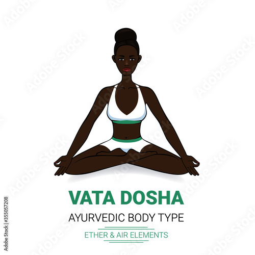 Vata dosha (or ectomorph) ayurvedic physical constitution of human body type. Editable vector illustration of a african woman in asana padmasana on a white background, for yoga, ayurveda design.