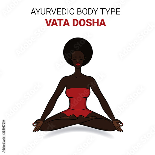 Vata dosha (or ectomorph) ayurvedic physical constitution of human body type. Editable vector illustration of a african woman in asana padmasana on a white background, for yoga, ayurveda design.