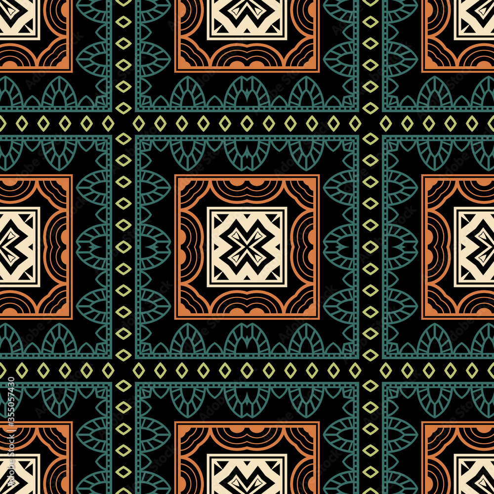 Colorful lace ethnic floral seamless pattern. Vector ornamental plaid background. Abstract tribal repeat tartan backdrop. Geometric folkloric lacy ornament with shapes, squares, flowers, stripes