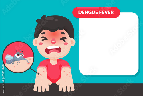 The child has a high fever and a red rash on his arm. Due to being bitten by a mosquito to dengue fever.