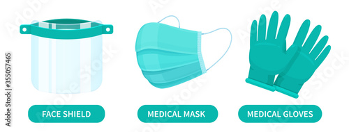 Face shields, medical masks and rubber gloves are corona virus protection devices for doctors.