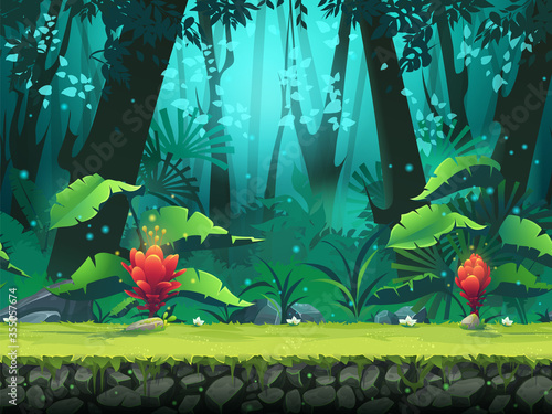 Vector bright seamless of rainforest red flowers