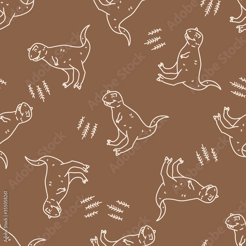 Seamless background Carnotaurus dinosaur gender neutral baby pattern. Simple whimsical minimal earthy 2 tone color. Kids nursery wallpaper or boho cartoon animal fashion all over print.
