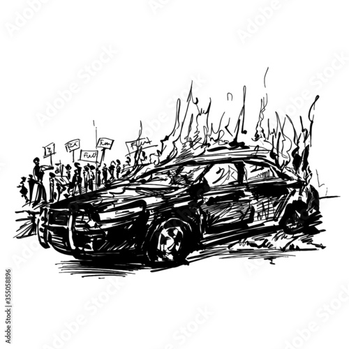 Drawing of the police car is burning and the  protesters are standing around in USA