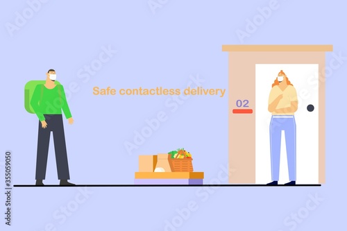 Safe food delivery. The courier leaves the parcel at the door. Safe contactless delivery to home to prevent the corona virus.