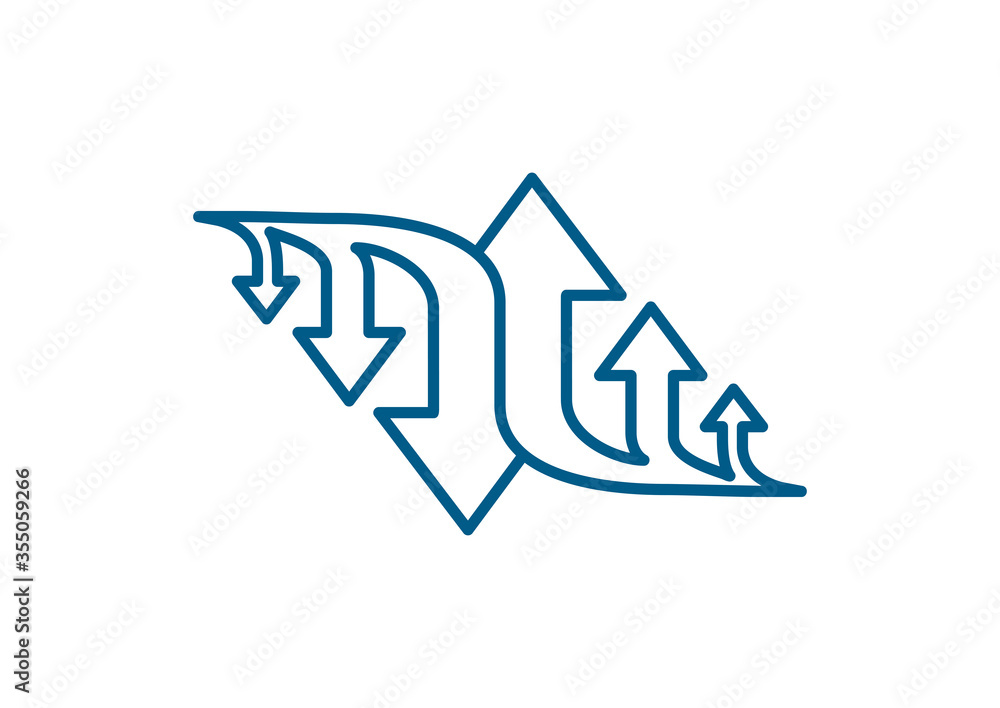 Three Arrow Sign Direction Two way. Flat Line Road Direction Blue Vector Illustration. Three Arrow Sign Direction Two way. Flat Line Road Direction Blue Vector Illustration.