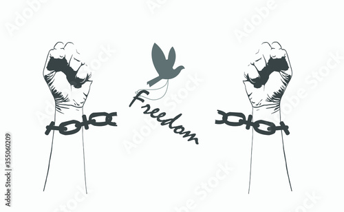 Business freedom concept,Vector silhouette of hands and broken chains,Birds flying with freedom slogan