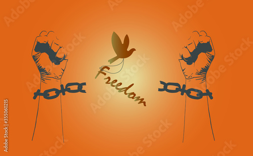 Business freedom concept,Vector silhouette of hands and broken chains,Birds flying with freedom slogan