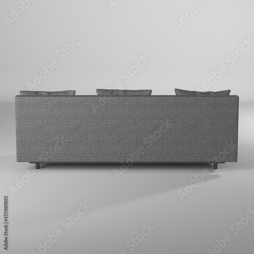 Sillón gris con un fondo blanco visto desde atrás