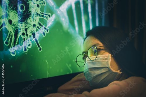 Sick woman with mask quarantine herself at home during covid-19 period, Concept of Covid-19 quarantine at home. Emotional stress and sadden of people at home during covid-19 period.