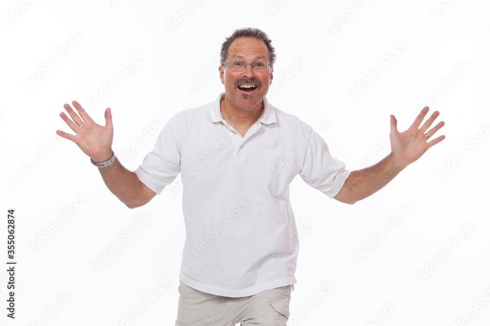 Man on white background with arms and hand out and a surprised look on face Man on white background with arms and hand out and a surprised look on face