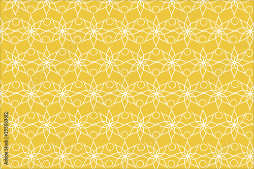 Seamless repeat pattern with white flowers and yellow background. fabric design, wall art design.