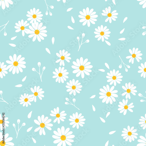 Seamless pattern with daisy flower and leaves on mint green background vector.