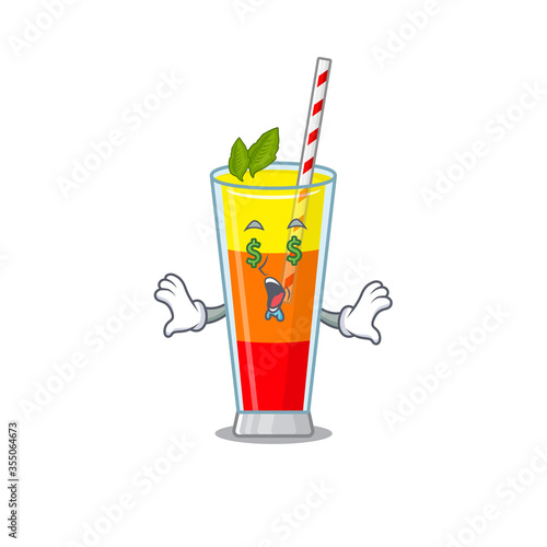 wealthy cartoon character concept of tequila sunrise cocktail with money eyes