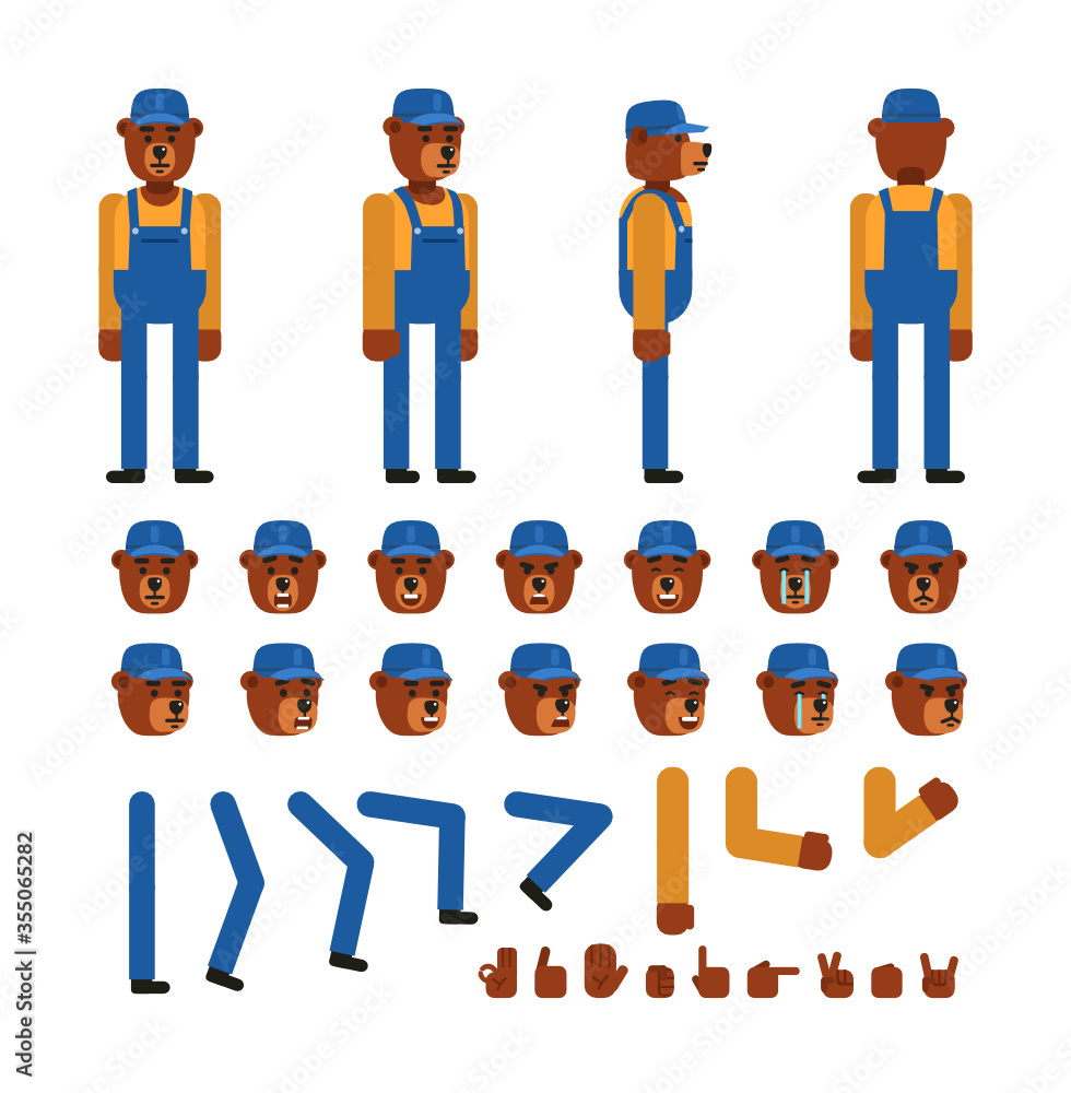 Bear mechanic or construction worker creation kit. Create your own pose, action, animation. Minimal design vector illustration