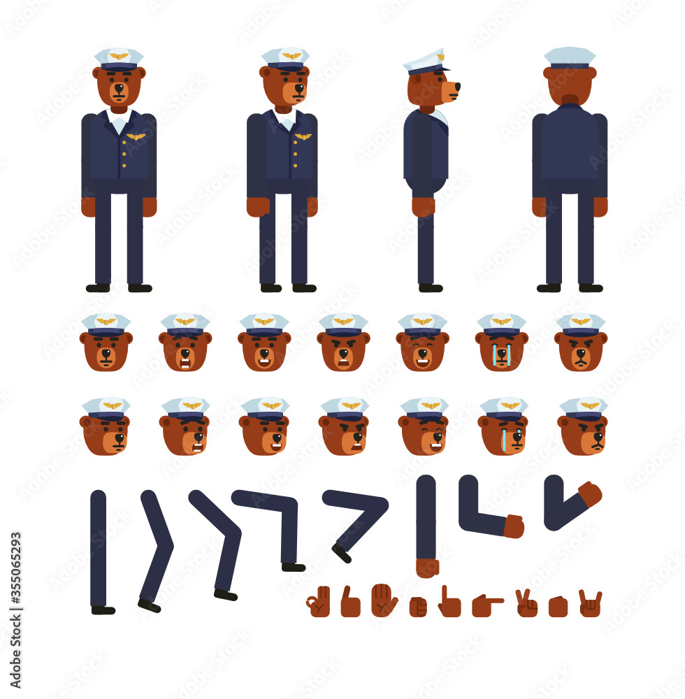 Bear airline pilot character creation kit. Create your own pose, action, animation. Minimal design vector illustration