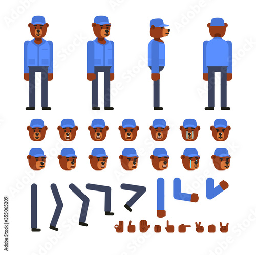Bear courier character creation set. Create your own pose, action, animation. Flat design vector illustration