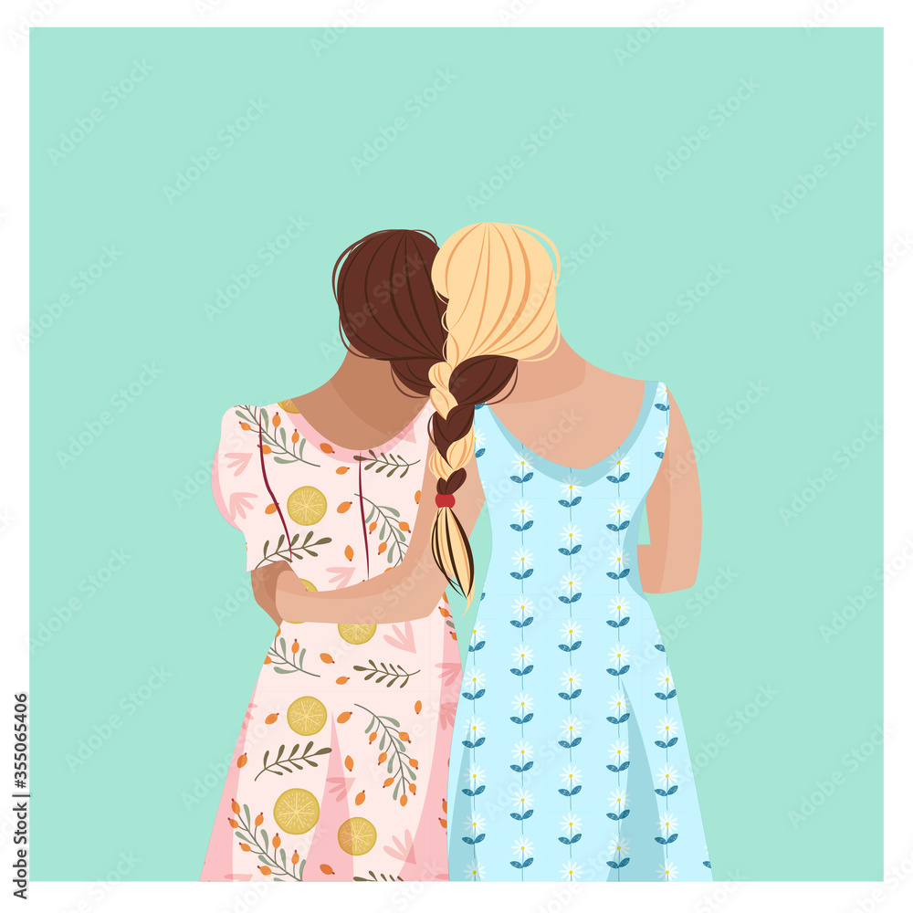 Female Friendship concept. Two women with hair braided together. Connection and unity illustration. Feminist and women support art. Cute flat illustration. Female Friendship concept. Two women with hair braided together. Connection and unity illustration. Feminist and women support art. Cute flat illustration.