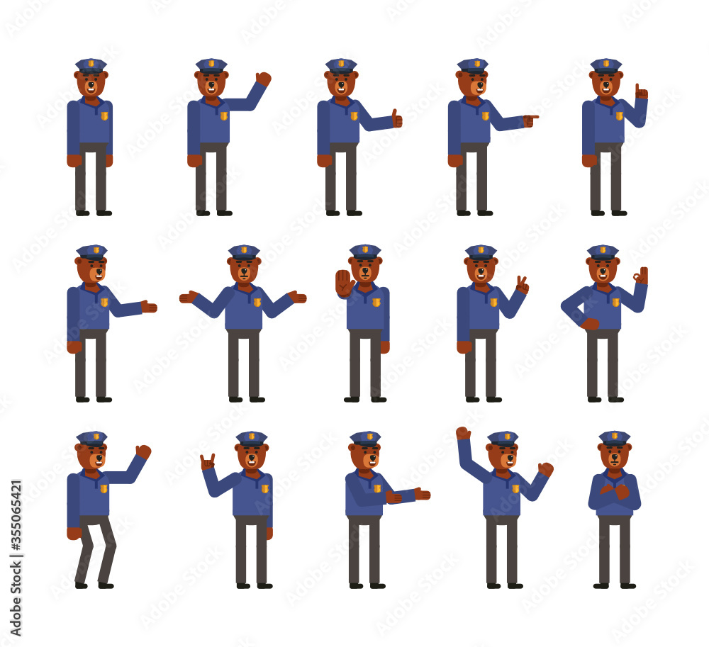 Set of bear policeman characters showing various hand gestures. Bear officer showing victory sign, pointing, greeting and other gestures. Flat design vector illustration