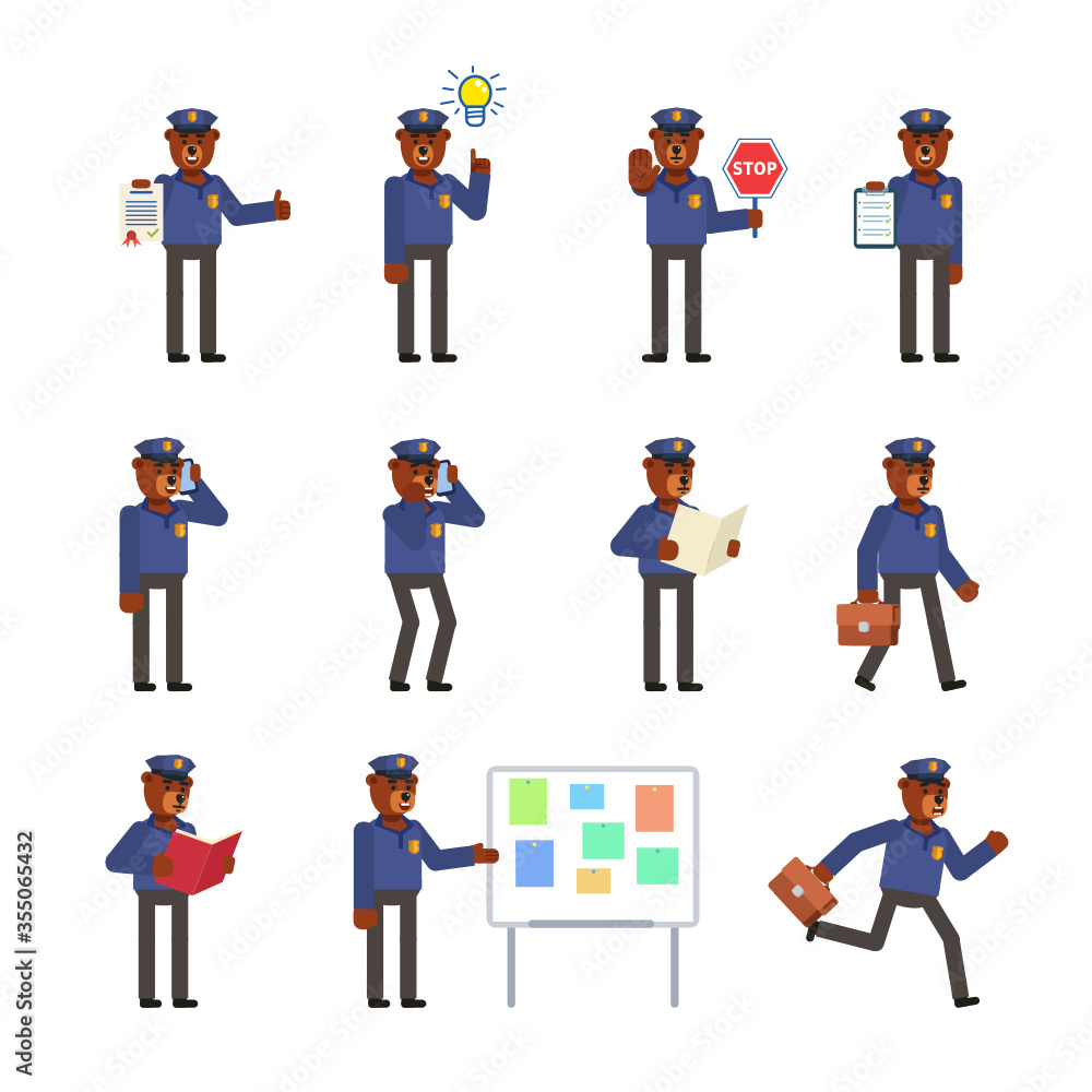 Set of bear policeman characters in various situations. Bear officer holding document, stop sign, idea bulb, running and showing other actions. Flat design vector illustration