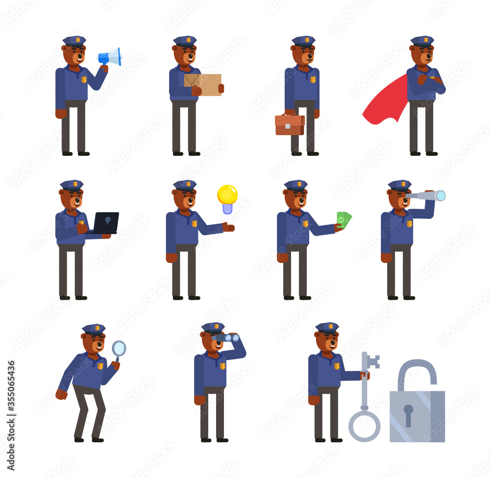 Set of bear policeman characters in various situations. Bear officer holding loudspeaker, parcel box, spyglass, big key and showing other actions. Flat design vector illustration