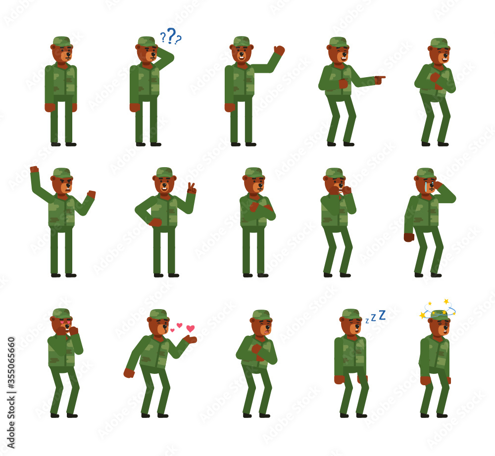 Set of bear soldier characters showing various emotions. Military bear laughing, crying, tired, happy, sleepy and showing other expressions. Flat design vector illustration Set of bear soldier characters showing various emotions. Military bear laughing, crying, tired, happy, sleepy and showing other expressions. Flat design vector illustration