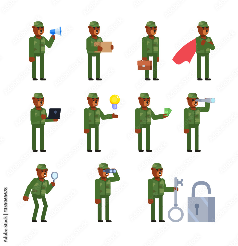Set of bear soldier characters showing various actions. Military bear holding loudspeaker, box, spyglass and showing other actions. Flat design vector illustration Set of bear soldier characters showing various actions. Military bear holding loudspeaker, box, spyglass and showing other actions. Flat design vector illustration