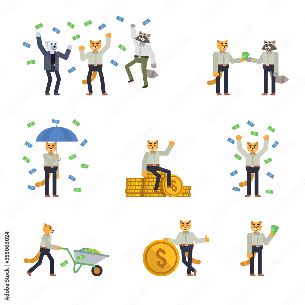 Set of cat characters in grey shirt posing with money. Cheerful cat standing with umbrella under money rain and showing other actions. Flat design vector illustration Set of cat characters in grey shirt posing with money. Cheerful cat standing with umbrella under money rain and showing other actions. Flat design vector illustration