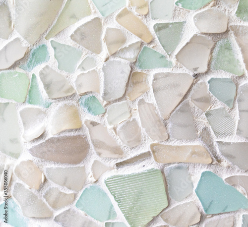 Sea Glass Mosaic, patterns made from Ocean glass, its a lifestyle background made with natural colours of blue, green, brown and white, hand made feeling like handcraft.