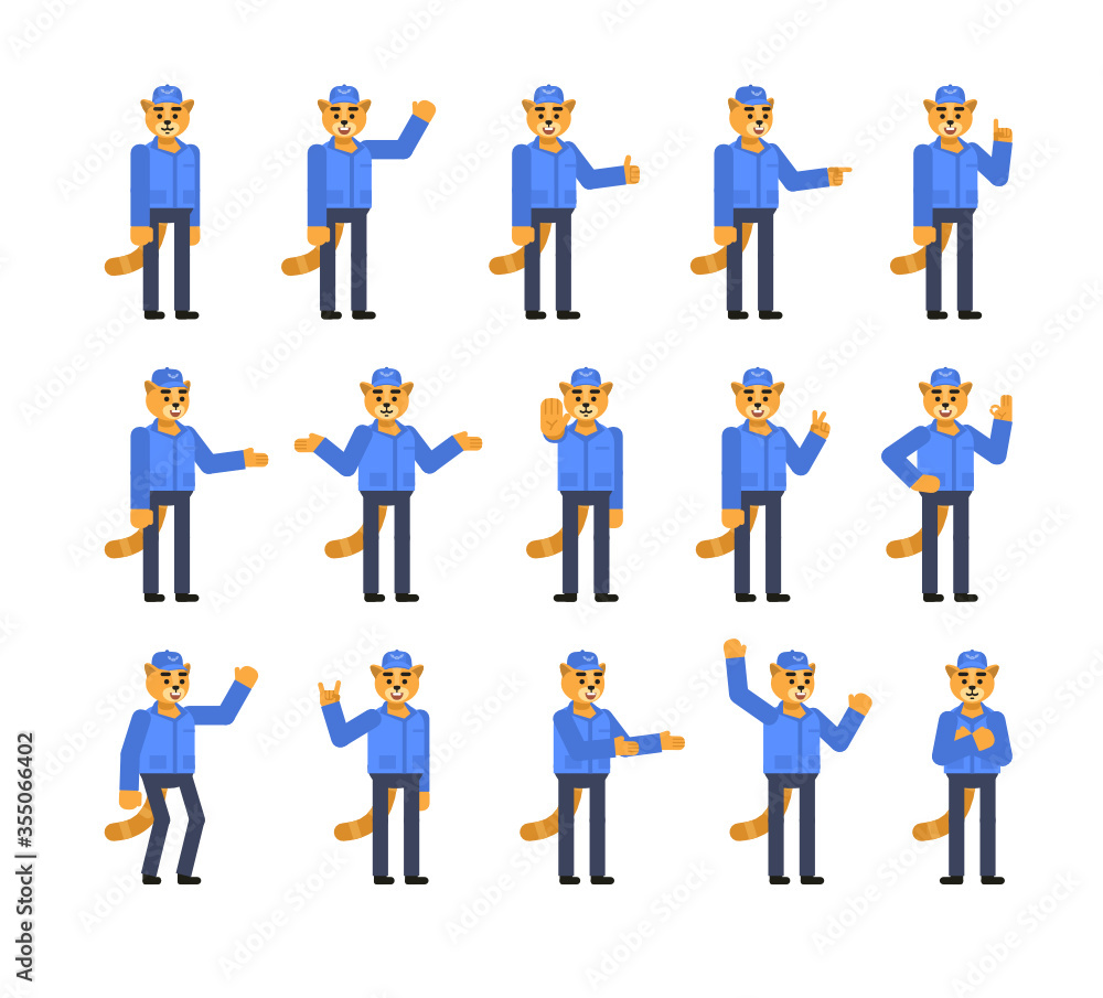 Set of cat courier characters showing various hand gestures. Cat postman pointing, greeting, showing thumb up, victory sign and other gestures. Minimal design vector illustration