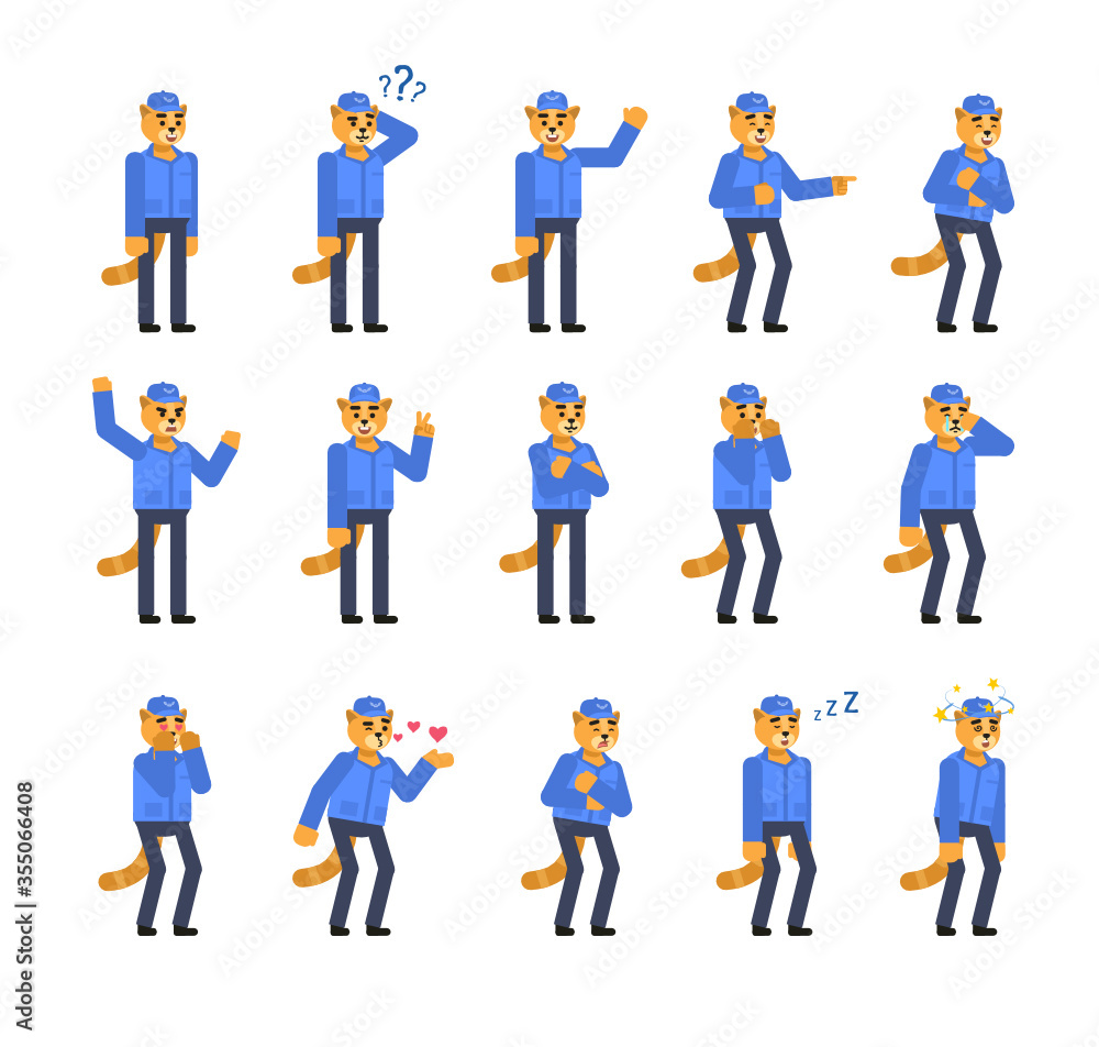 Set of cat courier characters showing various emotions. Cat postman crying, laughing, tired, angry, sleeping and showing other expressions. Minimal design vector illustration Set of cat courier characters showing various emotions. Cat postman crying, laughing, tired, angry, sleeping and showing other expressions. Minimal design vector illustration