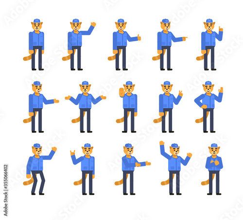 Set of cat courier characters showing various hand gestures. Cat postman pointing, greeting, showing thumb up, victory sign and other gestures. Minimal design vector illustration