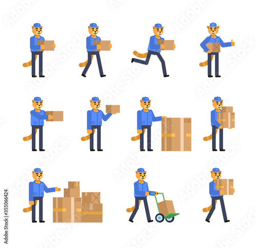 Set of cat courier characters with parcel box showing various actions. Minimal design vector illustration