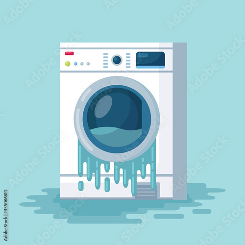 Broken washing machine isolated on background. Damaged washer with flowing water on floor. Electronic laundry equipment for housekeeping need repair. Vector cartoon design