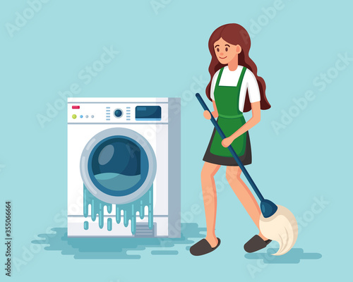 Broken washing machine isolated on background. Damaged washer with flowing water. Electronic laundry equipment for housekeeping need repair. Girl washes floor with mop and bucket Vector cartoon design