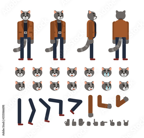 Dark grey cat character in brown jacket and dark pants creation set. Create your own pose, action, animation. Flat design vector illustration